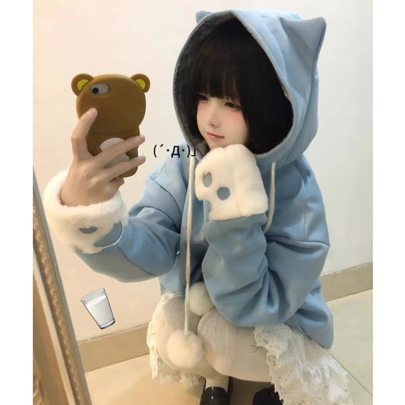 日本のかわいいアニメ刺繍猫耳足跡フード付きパーカー女性用スイ - Fleece Hoodie Lined のレビューと価格